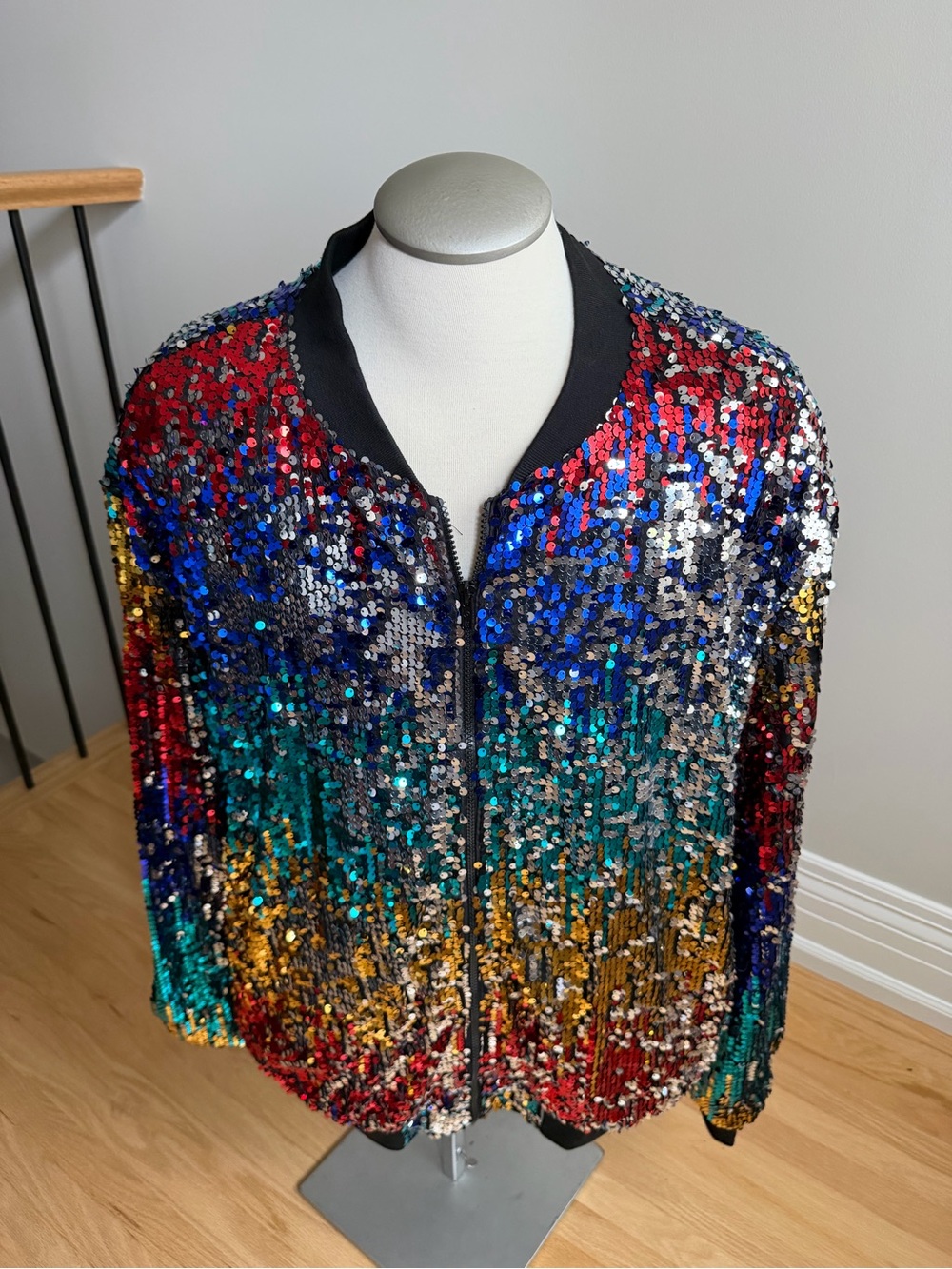SHEIN Multicolor Sequin Bomber Jacket - Red Blue Green Gold Silver